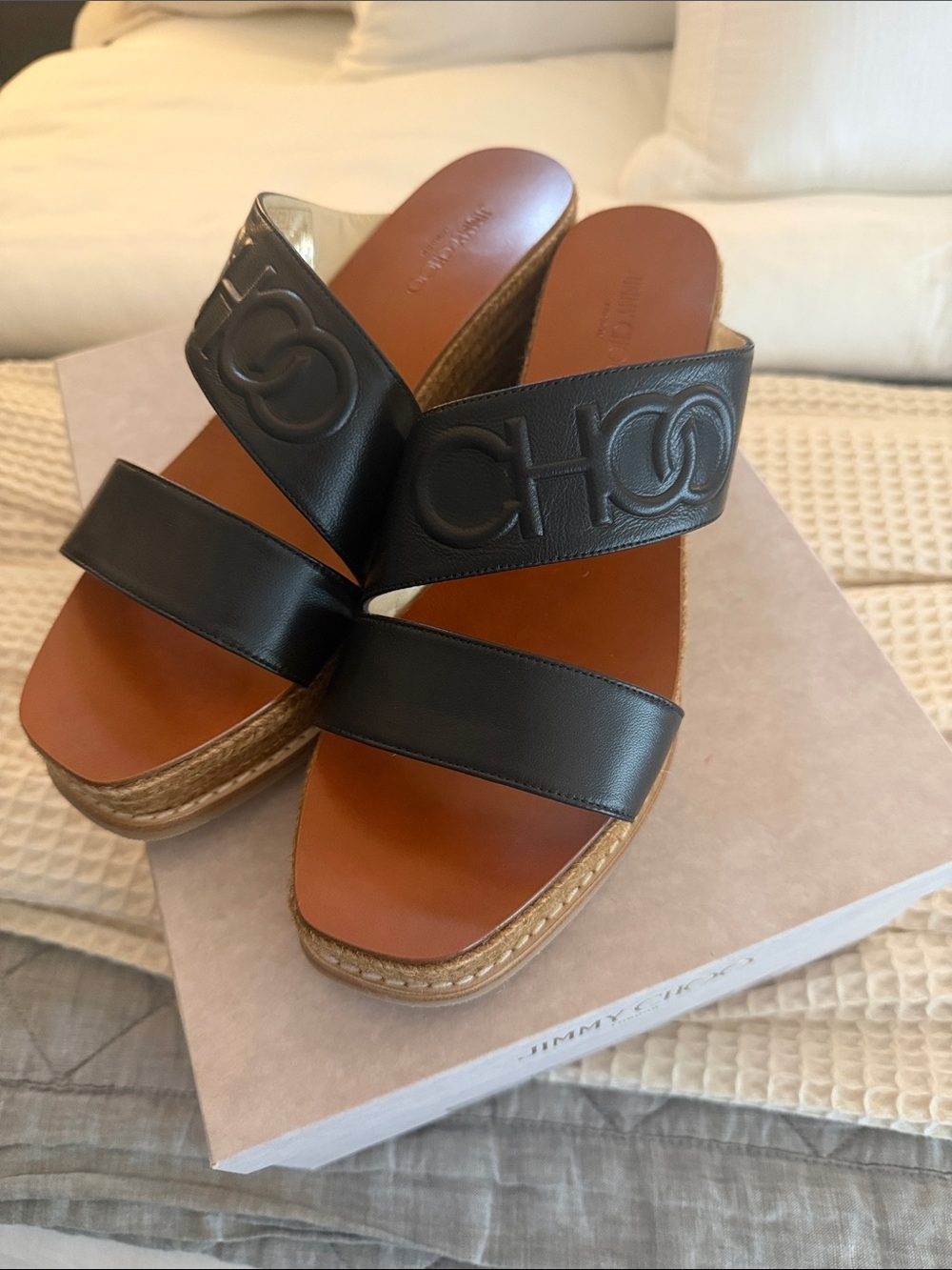 Jimmy Choo Black Leather Double-Band Wedge